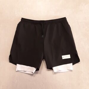 Mentality Mens 2 In 1 Athletic Shorts XL Black White Liner Drawstring